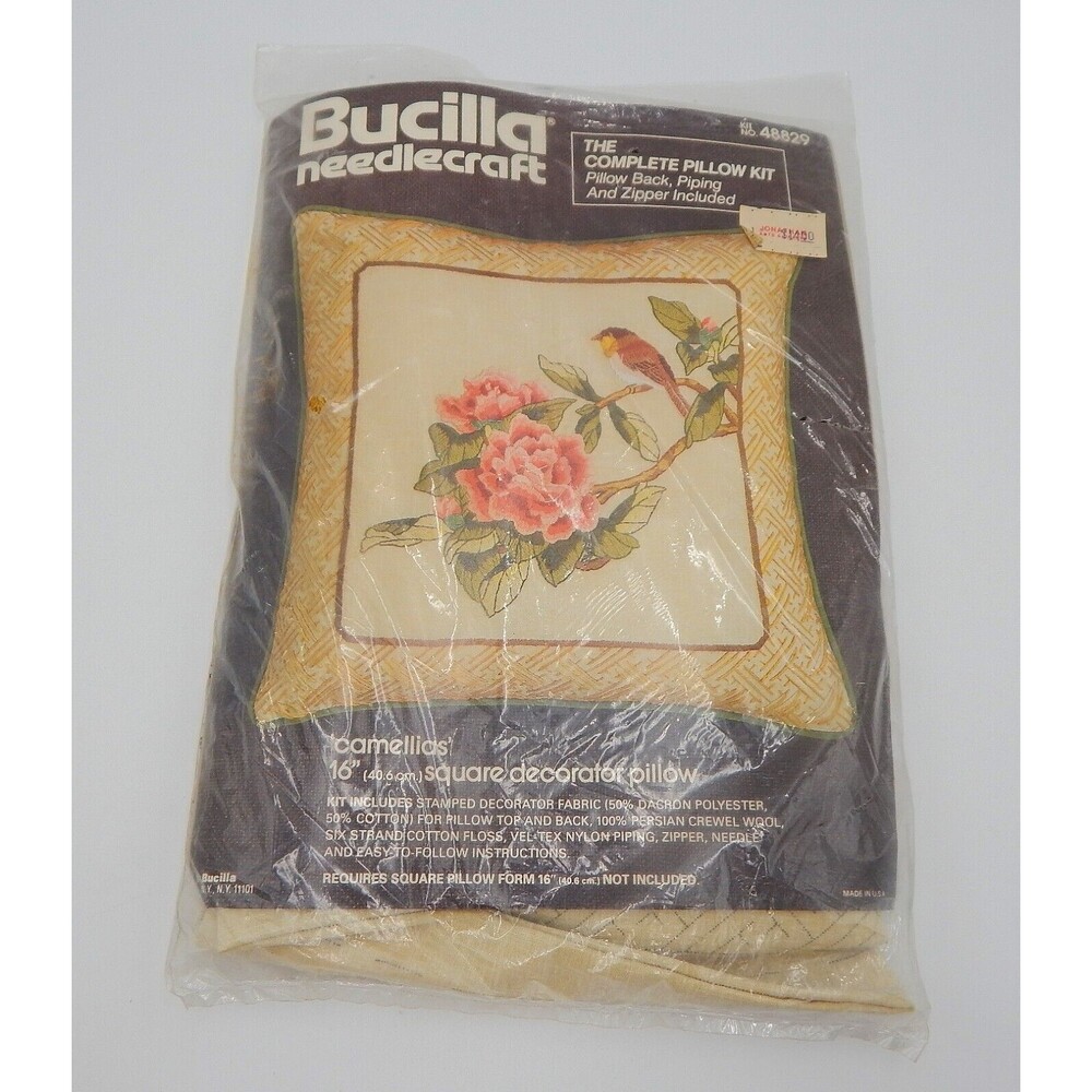 Bucilla Needlecraft Pillow Kit Camellias Flower Bird Crewel 16 Inch Square 48829
